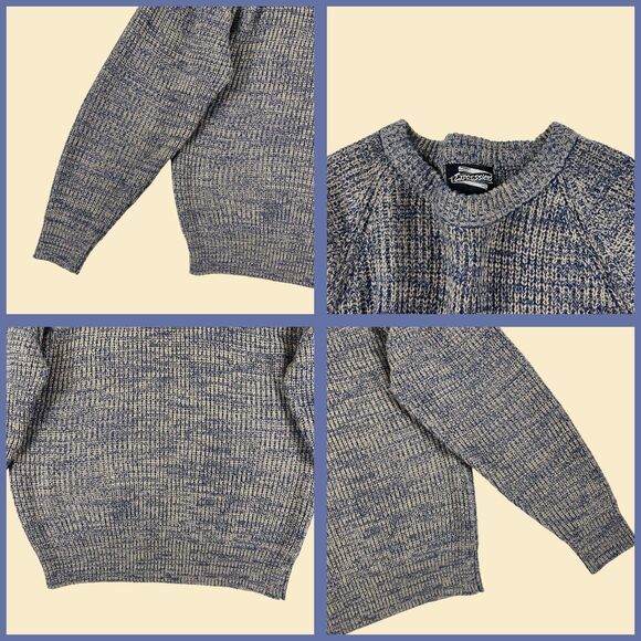 1980s XL crewneck sweater by Expressions, vintage blue & beige acrylic pullover - Picture 2 of 9